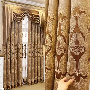 Wholesale European Gold luxury, Stamping Design Sheer Embroidery Curtain Jacquard Blackout Curtain Fabric for Living Room/