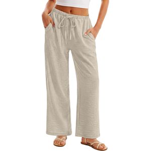FOXA Mid Waist Wide Leg Pants Women Flowy Palazzo Drawstring Breathable <b>Elastic</b> Waist with Pockets Summer Beach Vacation Clothes - Product Image 3