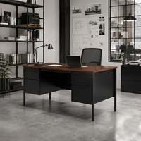 Bureau double piétement avec tiroirs en acier, plateau en bois grainé, bureau informatique en métal pour usage commercial, scolaire et gouvernemental