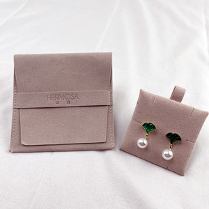 Custom logo 8*8cm <b>Small</b> Pink Microfiber Jewelry Bag Pouch Jewelry Pouch Packaging Bag with Insert Card for Earring Display - Product Image 3