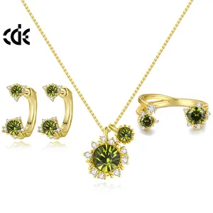 CDE S-YN1106 Minimalist 925 Sterling Silver Wholesale Green Crystal 14K Gold Plated Jewelry Set