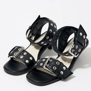 New Square Open Toe Belt Buckles Summer Shoes Women 5cm Short Heels Sandals Metal Studs Sling Band <b>Pumps</b> - Product Image 4