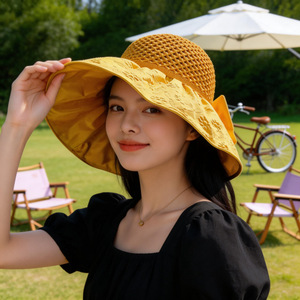 Sombrero de Sol para Mujer, Estilo Vacaciones en la Playa, Ala Ancha, Transpirable, Diseño Calado con Lazo, Protección Solar - Product Image 2