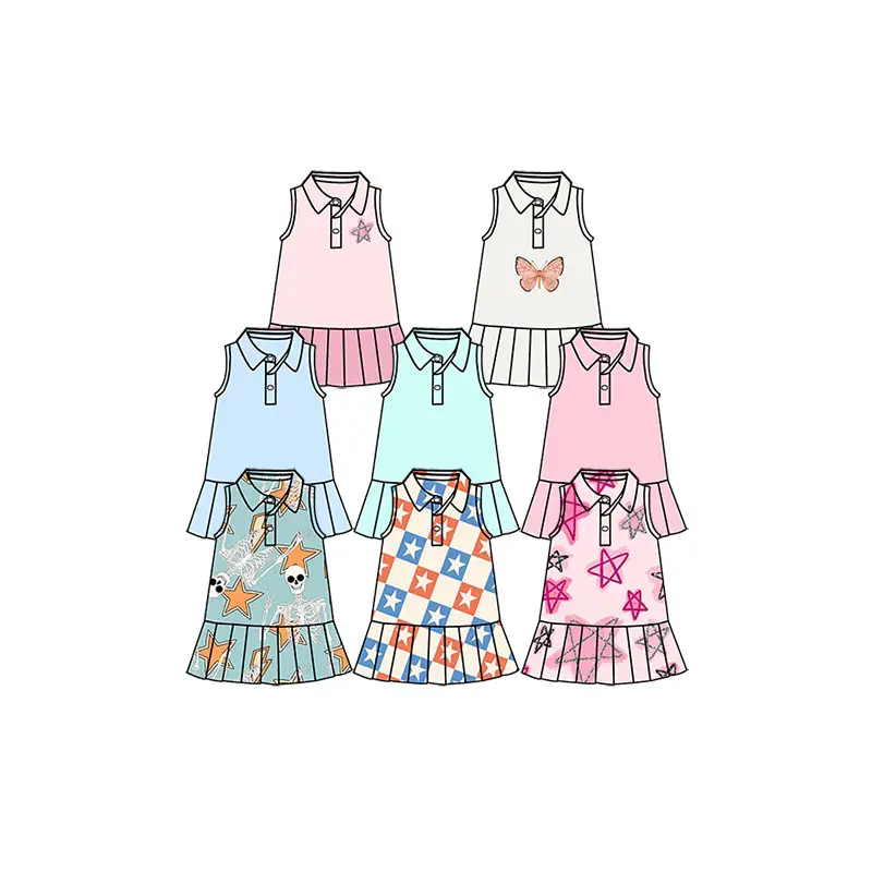 New arrival Kids clothing polo collar girls tennis skirt sleeveless custom printed summer sportswear