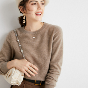 100% кашемировый свитер, Женский легкий однотонный вязаный свитер с круглым вырезом, повседневный теплый свитер с длинным рукавом для женщин - Product Image 3