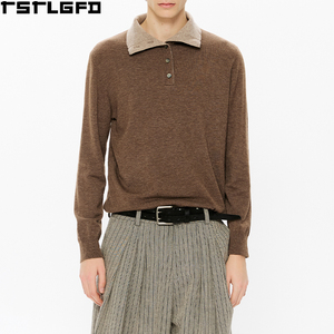 Custom Double Collar Knit <b>Shirt</b> <b>Men</b> <b>Brown</b> Tan Contrast Wool Blend Long Sleeve <b>Men'S</b> <b>Shirts</b> Manufacturers Bulk - Product Image 1
