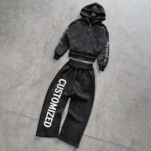 Ensemble survêtement streetwear <span class=keywords><strong>homme</strong></span> en molleton 100% coton, double épaisseur, effet vieilli, en French Terry lourd, avec sweat à capuche et pantalon de survêtement - Product Image 2