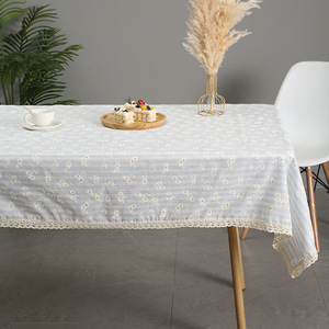 Nordic Style Cotton Linen Table Mat Striped Floral Lace Trim <b>Rectangle</b> Washable Decorative <b>Tablecloth</b> - Product Image 3