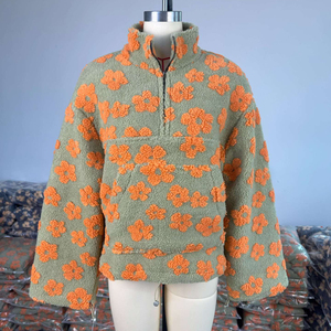 Sudadera de lana con media cremallera y estampado Floral de calidad para mujer, Jersey cálido de gran tamaño, chaqueta de Sherpa, ropa de abrigo de invierno 2025 - Product Image 4