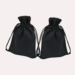 Bolsas de cosméticos con logotipo de tamaño personalizado con cuerdas, bolsas de joyería de algodón negro natural, bolsa pequeña con cordón