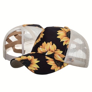 Casquette de baseball réglable à 6 panneaux Yiwulvdi BQM-794 avec queue de cheval, imprimé tournesol, maille respirante, logo avant, style papa sportif – Vente en gros - Product Image 6