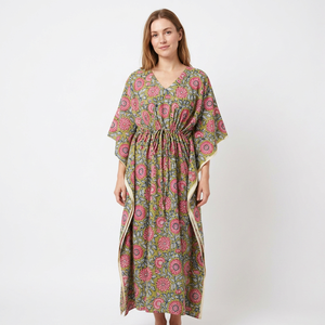 Floral Print V-Neck Sleeveless Maxi Kaftan Dress Straight Bohemian Style Floor-Length Casual Organic Plus Size Dress Women - Product Image 1