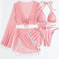 Nieuwe Effen Kleur Cover-Up Mesh Rok Bikini Groothandel Sexy Doorzichtig 4 Stuks Badpak Set Voor Vrouwen