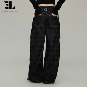 Pantalon en denim brut à braguette boutonnée LARSUR, style japonais, denim brut à bords bruts, <span class=keywords><strong>jean</strong></span> droit pour <span class=keywords><strong>femme</strong></span> - Product Image 6
