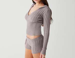 Moda de invierno, nuevo conjunto de Sudadera con capucha de punto para mujer, conjunto de dos piezas de pantalones cortos umbilicales abiertos de manga larga para chica sexy y picante - Product Image 4