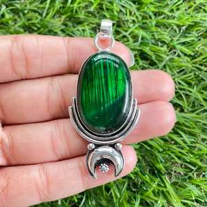 Pendentif en labradorite verte en argent sterling 925 Bijoux en pierres précieuses faits à la main avec rhodium et plaqué or LABRADORITE GEMSTONE - Product Image 3
