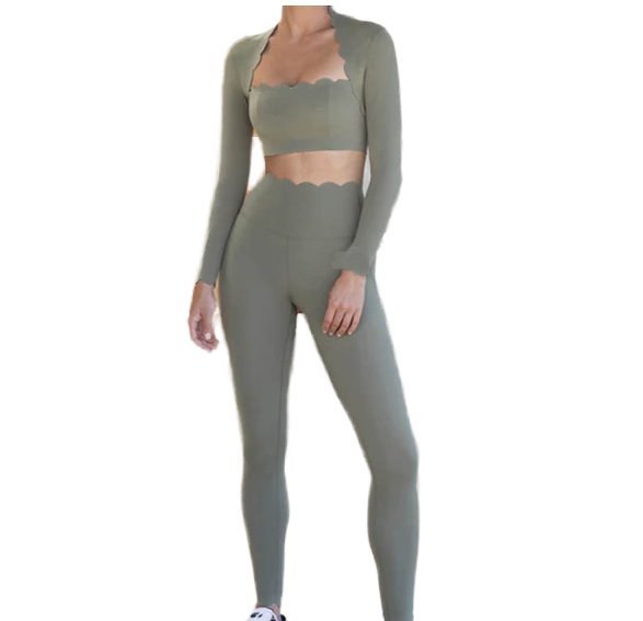 Printed Strapless V-neck Long Sleeved Scallop Top Two-piece Spandex/Nylon Full-Length Quick Dry Sportswear Fitness Suit Yoga