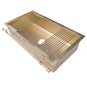 Évier de cuisine moderne personnalisé à <span class=keywords><strong>cuvette</strong></span> unique en laiton Tablier multifonctionnel fait à la main Finition dorée Caractéristiques Robinet Nombre Trous Un - Product Image 1