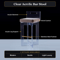 Tabouret de bar moderne de luxe en acrylique et velours avec dossier rembourré, repose-pieds en acier inoxydable, chaise de comptoir pour cuisine et bar