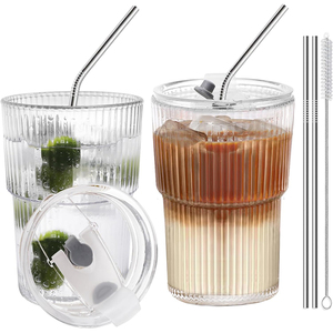 Vasos de vidrio de 400ml y 600ml con tapas y pajitas para café helado, diseño elegante acanalado, taza de viaje de pared gruesa para zumo - Product Image 6