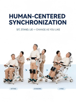 Chaise de transfert pour rééducation en position debout avec exosquelette, réglable avec fonctions de mobilité debout et assise