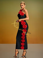 Robes de Soirée Ocstrade pour Femme avec Fleurs 3D, Robe Bandage Épaule Unique, Robe Fourreau Longueur Ras du Sol Noire pour Fête