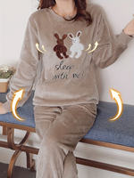 Pyjama d'hiver thermique en flanelle pour femme, 100 % polyester, 220 g, uni, ODM, avec cordon de serrage, col lisse, tricot doux, taille mi-haute, long