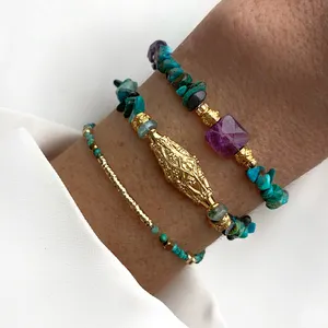 Vintage Trendy Natural Stone Chrysocolla Bracelet New Design Copper Alloy Beads Mix Arm Accessories