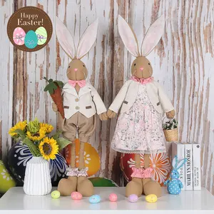 Junge und Mädchen Khaki Paar Figur Gefüllte Osterhase Mit Einziehbaren Beinen Weihnachten Stehendes Kaninchen Tiers pielzeug