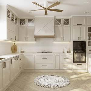 Gabinetes de Cocina Blancos Personalizados Santopova con Isla y Puertas de Vidrio - Product Image 1