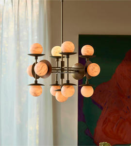 Lampadario in Ottone e Alabastro in Stile Classico Americano Moderno per Ville, Residenze, Uffici, Soggiorni e Camere da Letto - Product Image 3
