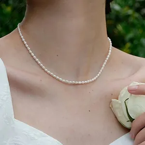 Collar de perlas de imitación eManco de 3 mm, ovalado, blanco, de acero inoxidable, cadena para clavícula para mujer, venta directa de fábrica. - Product Image 4
