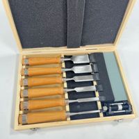 Ensemble d'outils de menuiserie avec ciseaux à bois, équerre d'angle, pierre à huile et guide d'affûtage dans un coffret en bois