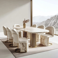 Table et chaises de salle à manger en rotin naturel OE HOME, style moderne et luxueux, plateau en marbre, 6/8 places, en pierre frittée
