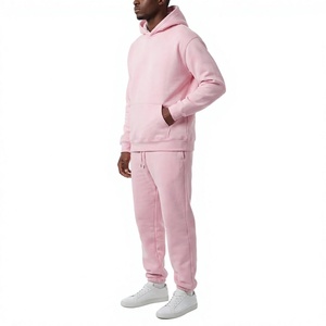 Ensemble de survêtement décontracté pour homme, sweat-shirt à capuche rose uni et pantalon de jogging à taille élastique avec logo sur le devant - Product Image 3