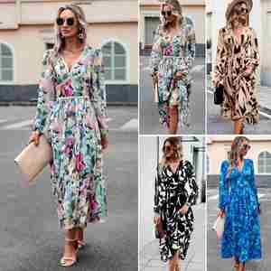 Vestido de <span class=keywords><strong>manga</strong></span> <span class=keywords><strong>larga</strong></span> con cuello en V y estampado informal para vacaciones de primavera/verano para mujer, estilo europeo y americano 2024 - Product Image 2