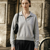 Pull en maille élégant pour femme, col polo en V, style Old Money, coupe ample, manches longues, court, idéal pour le quotidien et les superpositions