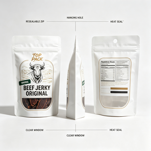 Sachet refermable personnalisé de qualité alimentaire avec fenêtre et trous ronds pour l'emballage de bœuf séché et de snacks à base de viande - Product Image 3