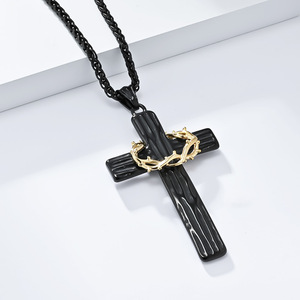 yunnique retro thorn wreath <b>titanium</b> steel cross necklace for men, artistic niche design, high-end pendant manufact - Product Image 4