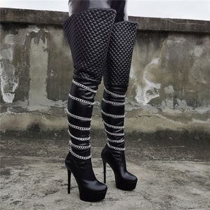 Top Wide Shaft <b>Boots</b> Women's Platform High Heels Shoes Metal <b>Chain</b> Decor Long <b>Boots</b> Sexy Plus Size 14 - Product Image 3