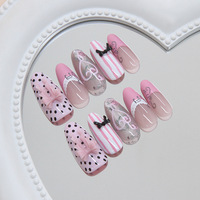 Faux ongles à presser Amande Rose, style French Lace Coquette, Nouvelle Arrivée, forme Amande Carrée, avec motif Fleur 3D, Tendance