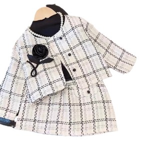 Ensemble robe fille printemps automne, col rond, à carreaux avec fleur rose + jupe courte, 2 pièces pour ensemble de vêtements fille - Product Image 3