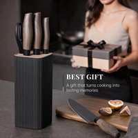 Ensemble de couteaux de cuisine 6 pièces en acier inoxydable personnalisé, ambidextre, durable, avec manche en bois grainé et lame noire mate, bloc de rangement, OEM, marque privée