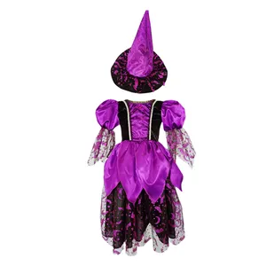 Kostum pesta karnaval Halloween kustom gaun penyihir ungu anak perempuan kualitas tinggi dengan topi dan tas