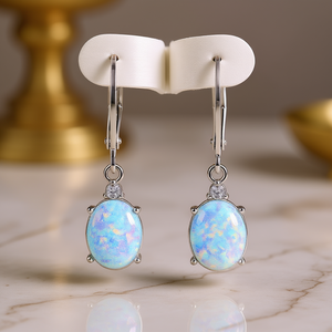 Eleganti Orecchini Pendenti in Argento 925 con Opale Blu, Montatura a Castone, Gioielli Classici da Donna per Uso Quotidiano E4609 - Product Image 2