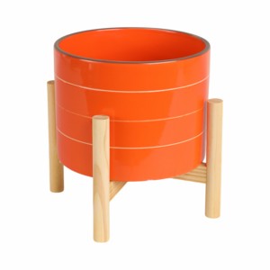 Vaso in ceramica a righe con supporto in legno, fioriera colorata per decorazioni domestiche, ingresso, patio, tavolo, giardino - Product Image 3