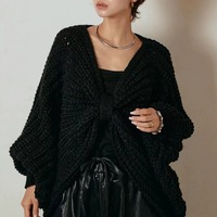 En gros Poncho en tricot épais uni pour femme, style cape, avec nœud frontal, manches chauve-souris, chaud pour l'hiver, cache-épaules, cardigan