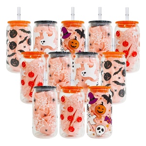 Ice Coffee Soda Pop Beer Wine Cup <strong>Pumpkin</strong> Ghost Spider Web Printed Glass <strong>Can</strong> With Plastic Lid and Straw - Product Image 4