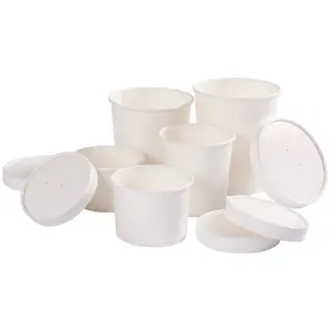 Disposable White Paper Bowl 500ml Round Soup Takeaway Food Packaging Porridge Barrel Soup Bucket with Cover Craft Paper Accept