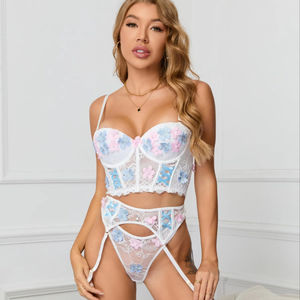 Lingerie Garter seksi jaring renda putih Lingerie seksi transparan baru bordir bunga mewah wanita Set Lingerie renda seksi - Product Image 1
